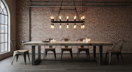 Industrial dining room with rough wood table metal chairs brick wall and large arched window
