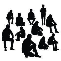 Set of eleven black human silhouettes in various casual sitting and standing poses.