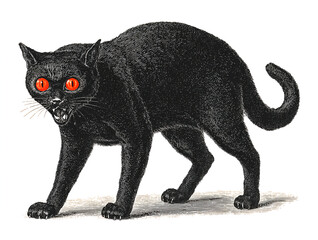 Black cat with arched back and glowing red eyes, vintage illustration, full body view, side profile

