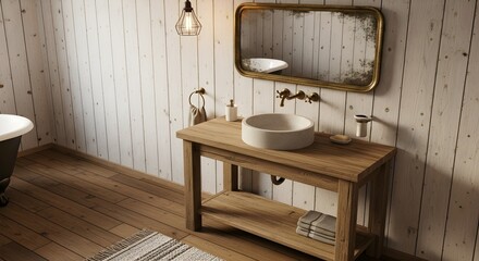 Rustic bathroom vanity with stone sink brass faucet antique mirror and clawfoot tub