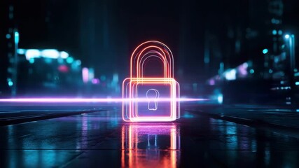 Neon lock icon glowing with vibrant red and blue light trails reflective surface symbolizing digital security and futuristic technology urban cityscape with glowing digital security technology icon - Powered by Adobe