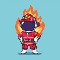 Firefighter cute Astronaut in Flames Cartoon. vector illustration