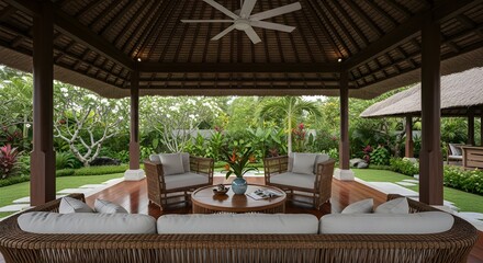 Outdoor pavilion with wicker furniture lush tropical garden and thatched roof