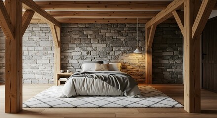 Rustic bedroom with exposed wooden beams and stone wall interior cozy modern