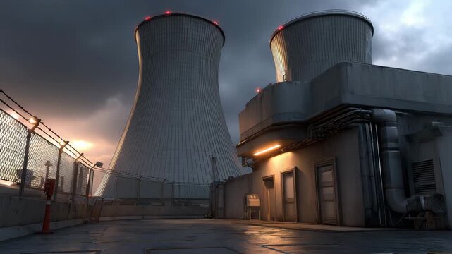 Industrial cooling tower and power plant building at sunset with barbed wire fence, concrete floor, metal pipes, security lighting under cloudy dusk sky creating intense industrial atmosphere