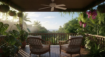 Tropical veranda with wicker chairs hanging plants and ocean view at sunrise