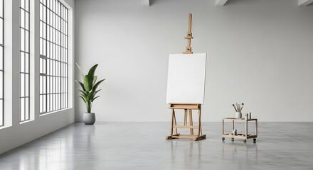 Blank canvas on wooden easel in bright studio with large windows and plant