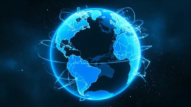 Glowing Blue Digital Globe with Illuminated Flight Paths and Highlighted Continents, Symbolizing Global Connectivity, Communication, and Technology in Dark Starry Space Background