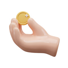 3D Render: Hand Holding a Coin -  Financial Transaction Icon, Payment, Currency, Investment, Banking, Business Asset