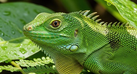 Obraz premium Vivid Green Lizard with Scales Resting Among Lush Foliage
