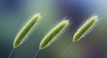 Serene Trio of Green Foxtail Grass Stalks Against a Softly Blurred Background Evoking a Sense of Calm and Natural Beauty in a Delicate Botanical Composition