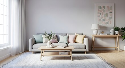 Modern living room with gray sofa pastel cushions wooden coffee table and abstract
