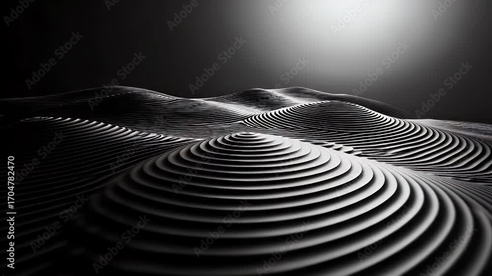 Poster abstract grayscale image showing layered, textured forms reminiscent of undulating terrain illuminat
