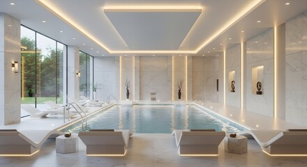 Luxurious indoor swimming pool with modern loungers and ambient lighting large windows overlook lush greenery