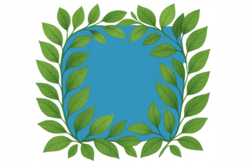 Verdant leaves forming geometric frame around light blue space, translucent background highlighting botanical symmetry and organic design