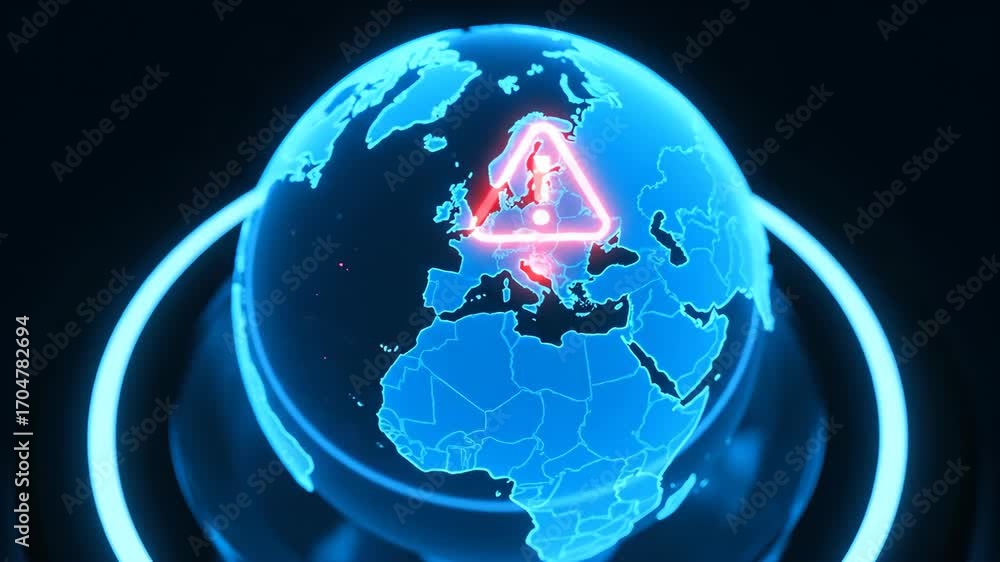 Poster glowing holographic globe with red warning icon highlighting geopolitical risks and global challenge