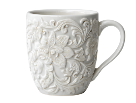 Front view elegant white embossed mug with floral patterns isolated on transparent background