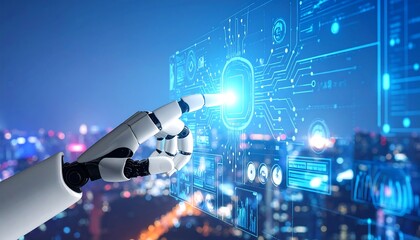 Robotic hand interacting with a futuristic interface over a cityscape at night