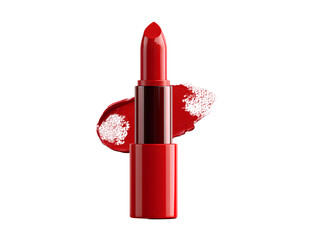 Front view red lipstick with vibrant swatch isolated on transparent background PNG