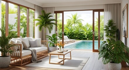 Bright airy living room with rattan furniture overlooks a tropical poolside resort and lush greenery