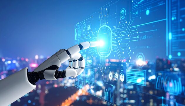 Robotic hand interacting with a futuristic interface over a cityscape at night - Powered by Adobe