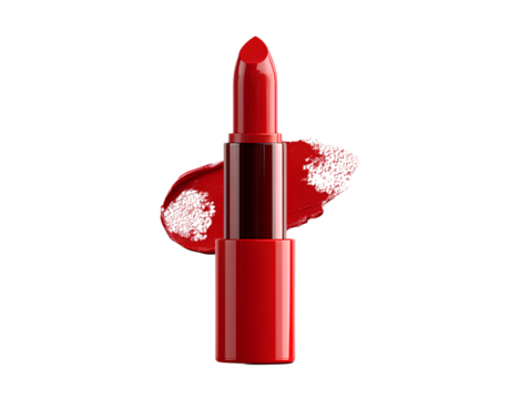 Front view red lipstick with vibrant swatch isolated on transparent background PNG