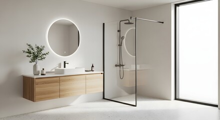 Modern bathroom with floating vanity illuminated mirror and glass shower enclosure