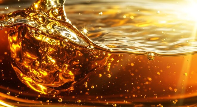 Golden liquid splashing and swirling in a glass with sunlight - Powered by Adobe