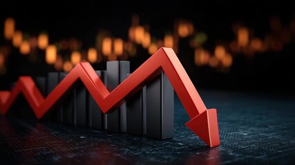 Red downward arrow and black bar chart illustrating financial decline with red graph showing market drop and economic investment loss in dramatic economic business background - Powered by Adobe