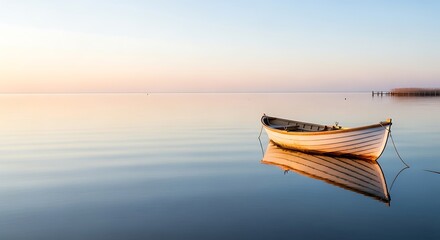 Lone wooden rowboat floats peacefully on calm water at sunrise