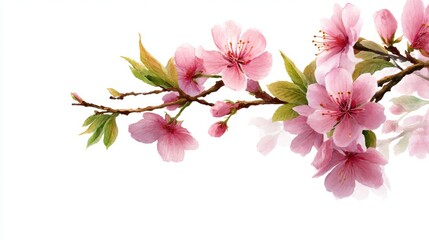 Fototapeta premium Graceful pink cherry blossom branch with watercolor effect, minimalist floral composition, elegant spring design, soothing wall art, commercial branding background