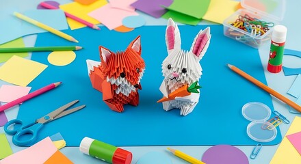 Colorful origami fox and rabbit with craft supplies on a blue mat for creative hobby.