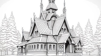 Fototapeta premium Ornate wooden building illustration