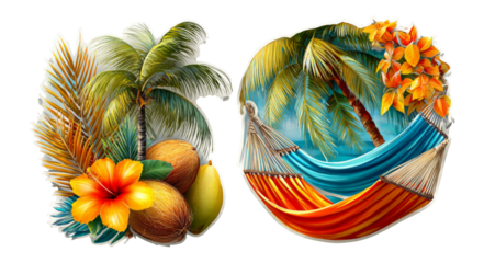 Tropical Composition with Palm Trees, Flowers, and Hammock on Transparent Background