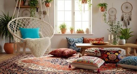 Cozy bohemian living room with macrame swing chair patterned rug and abundant plants