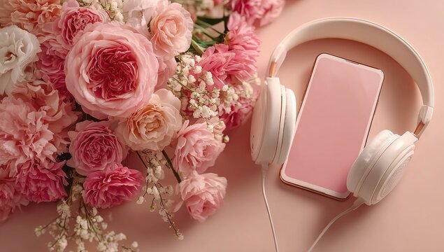 Pink Aesthetics with Roses and Headphones