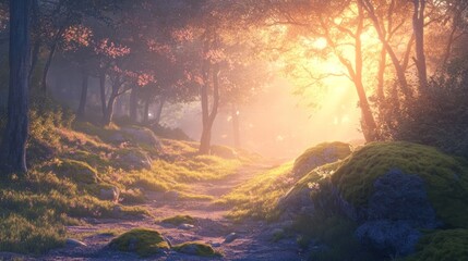 Sunlit path through a mystical forest (1)