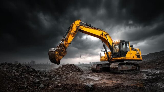 Yellow excavator digging soil and earth construction site with dark cloudy sky and city skyline background, powerful heavy equipment working dramatic industrial environment with dirt and machinery