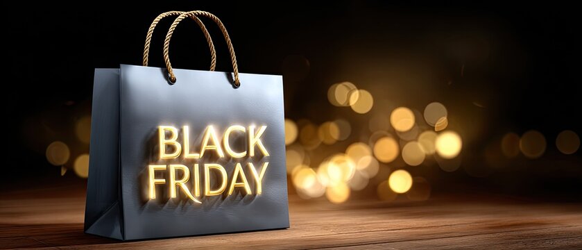 A stylish black shopping bag features "BLACK FRIDAY" in glowing text, set against a blurred background of warm, golden lights.