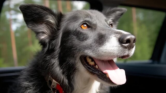 Dog enjoying a car ride with open window and lush, green backdrop