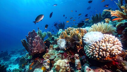 Underwater view of a vibrant coral reef teeming with diverse fish, showcasing marine life in a clear blue ocean