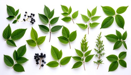 Fresh green leaves and berries arranged on white background