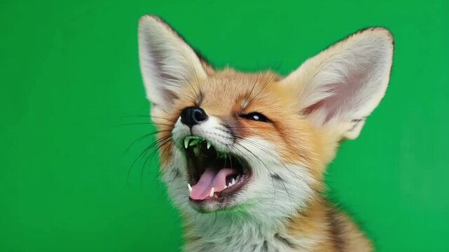 Close up of a fennec fox with its mouth open showing its teeth against a green background studio shot animal green screen video