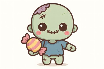 Obraz premium Cute cartoon zombie character sweetly holding a candy perfect for fun Halloween illustrations