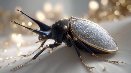 A highly detailed close-up of a cybernetic beetle collecting pollen from an electric lotus, macro shot, biomechanical wings with metallic texture and glowing accents, soft magical bokeh background,