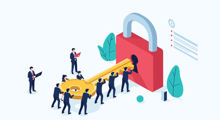 Obraz premium Teamwork unlocks the door to success with a giant golden key and a large red padlock.