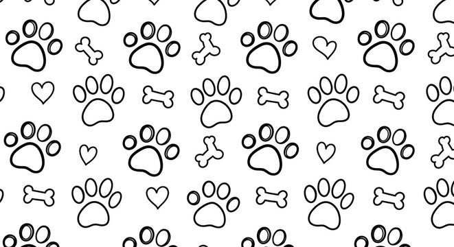 Seamless pattern of hand drawn dog paw prints and bones