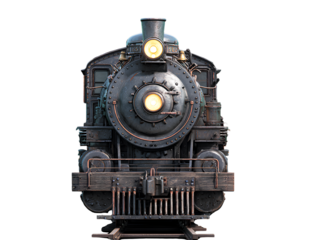 Front view vintage steam locomotive train isolated on transparent background PNG