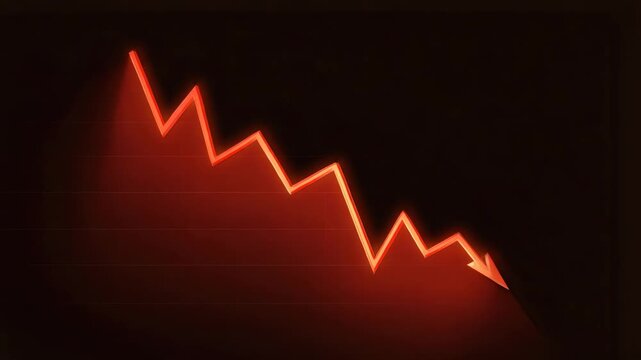 Red glowing arrow graph showing decline trend and sharp decline on dark background symbolizing financial loss decrease performance with downward trend and glowing effect