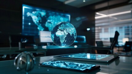 A digital globe hovers above a conference table featuring a tablet phone and screen displaying a map of the world